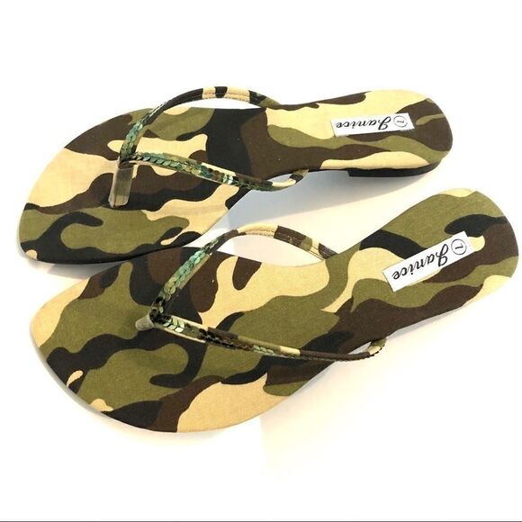 Camouflage camo green olive sequin sandals thongs NEW NIB NWT flip flops 5.5 - Picture 8 of 16